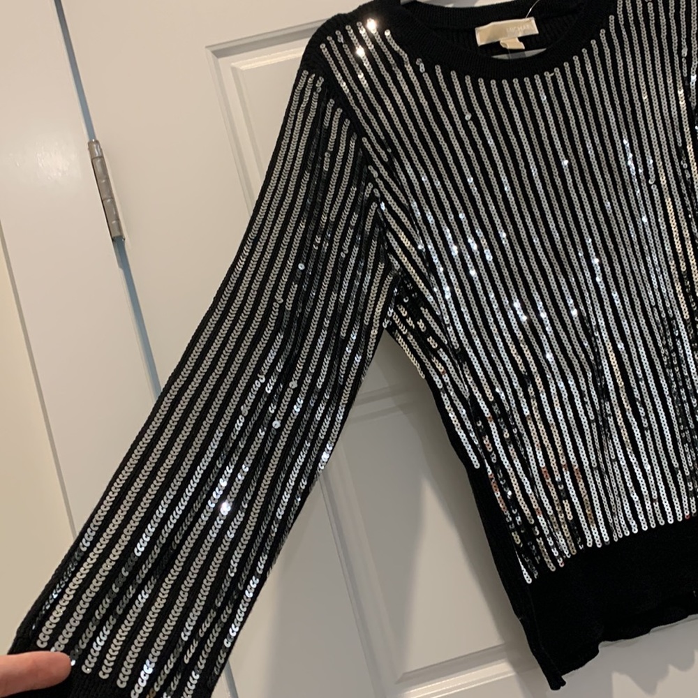 Michael Kors Black Full Front Silver Sequin Sweater.NWT size XL New Year Eve top - Picture 2 of 4